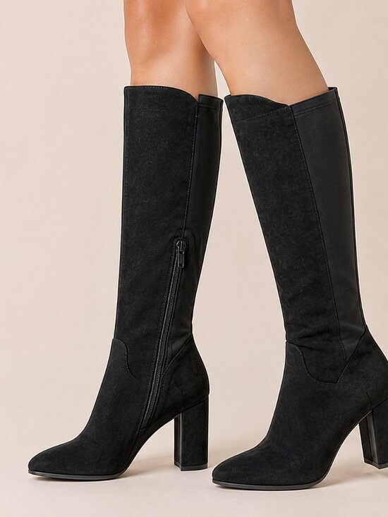 Wild Diva Shoes - Wild Diva Blake-05 Knee High Foldable Block Heel Elastic Panel Black Boots
